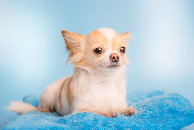 A fluffy white dog against a soft blue background